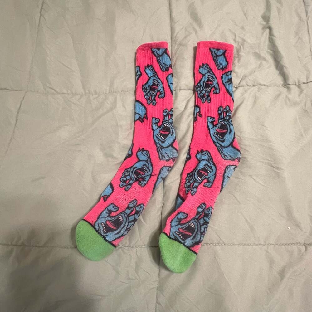 Santa Cruz Hands Allover Pink & Green Screaming Hand Crew Socks Upcycle Potentia